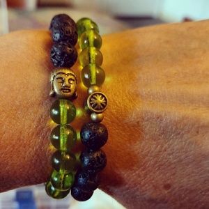 Emerald green glass beads with black lava stones